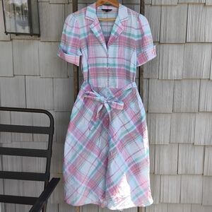 Brooks Brothers Plaid 100% Cotton Belted Midi Dress sz 8 Coastal Timeless Preppy